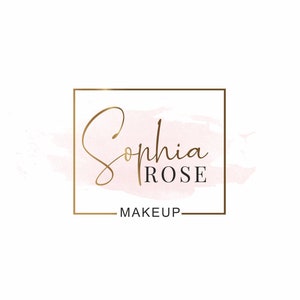 May include: A gold square frame with a pink watercolor background. The text "Sophia Rose Makeup" is written in a cursive font inside the frame.