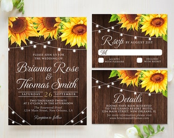 Sunflower Wedding Invitation, Rustic Wedding Invitation Suite, country wedding invite, Printable Invitation, Watercolor Yellow Floral