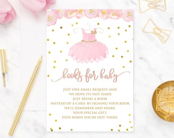 Cartões de solicitação de livro de chá de bebê tutu, traga um livro em vez de um cartão, solicitação de livro de bailarina, rosa e dourado, para impressão, download instantâneo