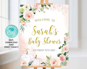 Pumpkin Baby Shower Welcome Sign Girl, Floral Fall Autumn Decorations, EDITABLE, INSTANT DOWNLOAD/ Printable Digital File