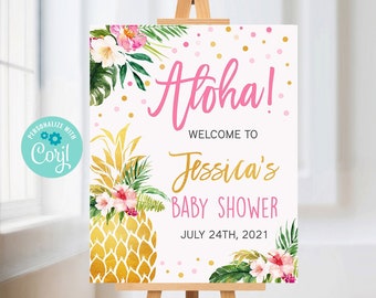EDITABLE Pineapple Baby Shower Welcome Sign, Tropical welcome sign, Girl Baby Shower Poster, Hawaiian, Aloha, Printable Instant Download