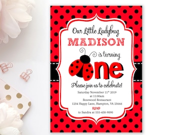Ladybug birthday Invitation, Ladybug Invitation, Girl 1st Birthday Invitation, Customisable Printable, Digital file