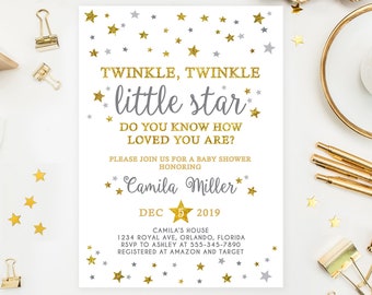 Twinkle Twinkle Little Star Baby Shower Invitation, Twinkle Twinkle Little Star Invitation, Gender Neutral, Gold glitter, Printable