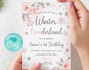 Editable Pink Winter Onederland Invitation | Snowflake First Birthday Girl Invite | Printable 1st Birthday Digital Download