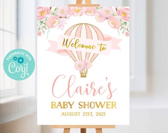 EDITABLE Hot Air Balloon Welcome Sign, Printable Baby Shower Sign, Up Up and Away, Baby Girl, adventure awaits, Instant Download