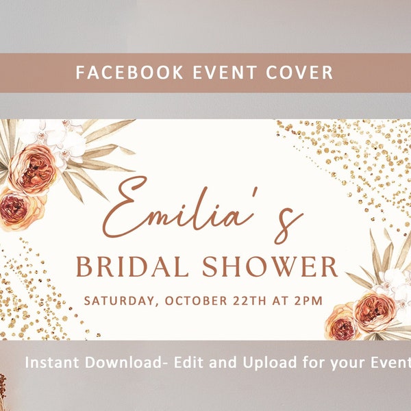 EDITABLE Bridal Shower Facebook Event Cover Photo, Bridal Shower Facebook Banner Invitation, Boho Pampas Grass Event Cover Template