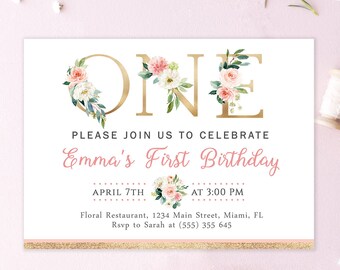 Pink Floral 1st Birthday Invitations for Girls – Editable Printable Invite Template, Instant Download