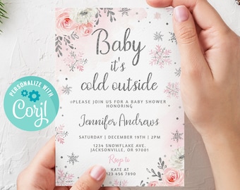 Baby It's Cold Outside Baby Shower Invitation, Winter Baby Shower Invitation, Pink and Silver, Girl baby Shower, Snowflakes, Editable