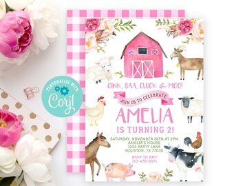 Editable Farm Birthday Invitation, Girl Farm Animals Birthday Invitation, Instant Download Corjl Template Printable Invitation