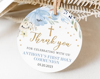 First Holy Communion Thank you tag, Boys 1st Holy Communion Thank You Favor Stickers, Editable Blue Floral Favor Tag, Baptism Printable Tags