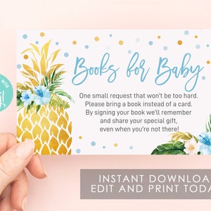 Demande de livres tropicaux, livres pour carte de bébé, douche de bébé garçon, livres d'ananas pour insert bébé, douche de bébé Luau, modèle modifiable