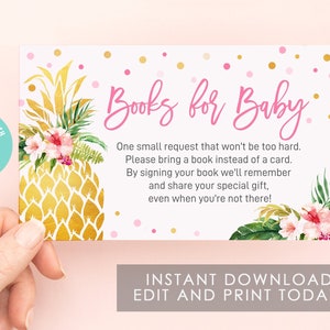 Ananas baby shower boek aanvraag kaart, tropische boeken voor babykaart sjabloon, tropische baby shower, digitale afdrukbare instant download