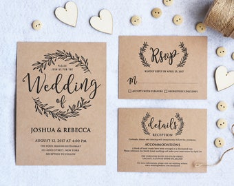 Printable Wedding Invitations, DIY Kraft Wedding Invitation Printable, Rustic Wedding Invitation Set, Wedding invitations