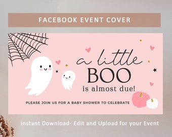 Babyshower Little Boo, bewerkbare cover Facebook-evenement, Halloween-babyshower, Pink Ghost-babyshower, omslagfoto meisjesbabyshower