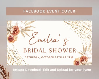 EDITABLE Bridal Shower Facebook Event Cover Photo, Bridal Shower Facebook Banner Invitation, Boho Pampas Grass Event Cover Template