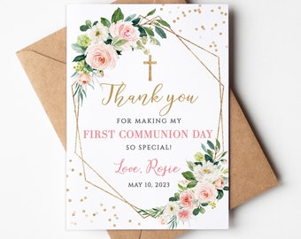 Pink Floral First communion thank you card, First Holy Communion Girl, Printable thank you card template, Instant Download, Editable