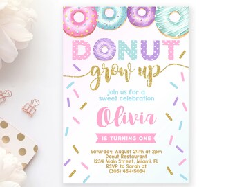 Donut Birthday Invitation Girl, Donut Grow Up Birthday Invitation, Donut Invitation, Donut Party Invitation, Donut Birthday Invite