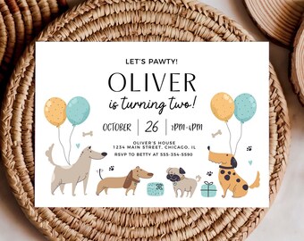 Bearbeitbare Hund Einladung, Welpe Party Einladung druckbar, Hund Geburtstag einladen, Junge Geburtstagseinladung, Welpe Pawty Sofort Download