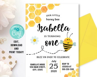 Editable Bee Birthday Invitation, Bee-day Invitation, Honey Bee Birthday Party, Bee Invitation Template, Bumble Bee, Instant Download