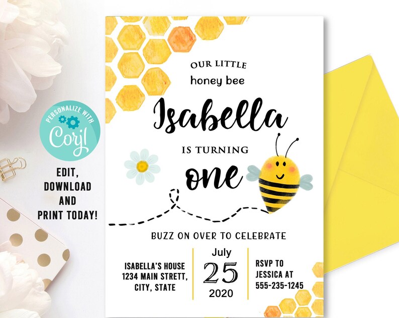 Editable Bee Birthday Invitation Beeday Invitation Honey Bee Birthday Party Bee Invitation Template Bumble Bee Instant