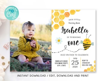 Invitación de cumpleaños de abeja con foto, invitaciones del día de la abeja niña, invitación del día de la abeja, invitación de la fiesta del primer cumpleaños de la pequeña abeja melífera, abejorro