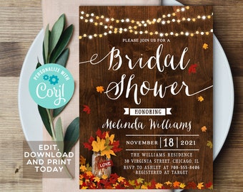 Fall Bridal Shower Invitation Template, Rustic Bridal Shower Invitation, Fall Autumn Florals, Editable template, Digital, INSTANT Download