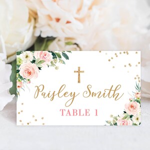 Cartões de lugar para batismo, cartões de lugar para menina de primeira comunhão, decoração de batismo, modelo editável de batismo floral, download instantâneo, plano ou dobrado