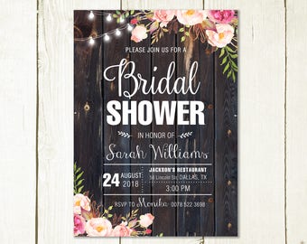 Floral Bridal Shower Invitation, Printable Rustic Bridal Shower invite, wood bridal shower invite, rustic boho bridal shower invite