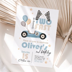 TWO Fast Birthday Invitation, Editable Template, Race Car 2nd Birthday Invite, Vintage Racecar Printable Invitation Instant Download