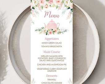 Editable Tea Party Menu Template, Floral Tea Menu Card, Bridal Tea Menu Cards, Tea Birthday, Blush Floral Spring Menu Printable