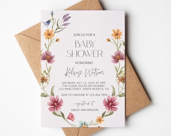 Wildflower Baby Shower Invitation, Boho Baby Shower Invitation Template, Wildflower baby shower invite, Floral, Spring, Summer, Printable