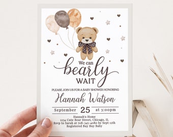Editable Teddy Bear Baby Shower Invitation, Gender Neutral, We Can Barely Wait Printable, Electronic Baby Shower Invite, Instant Download