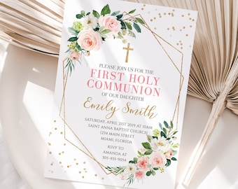 Première fille d'Invitation de la Sainte Communion, modèle imprimable d'Invitation de la première Sainte Communion, fleur rose blush, cadre doré, téléchargement immédiat