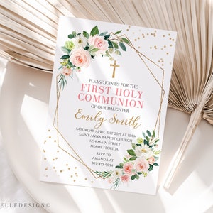 First Holy Communion Invitation Girl, Printable First Holy Communion Invitation Template, Blush Pink Floral, Gold Frame, Instant Download