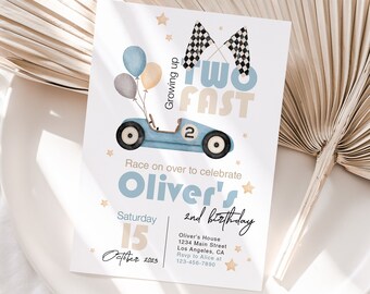 Editable Race Car Birthday Invitation Template | Blue Vintage Car 2nd Birthday Invite | Printable Digital Download | Two Fast Theme