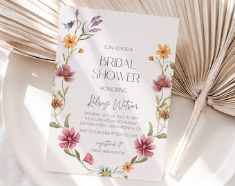 Plantilla de invitación de despedida de soltera de flores silvestres, invitación de despedida de soltera boho, despedida de soltera floral, imprimible editable, descarga digital