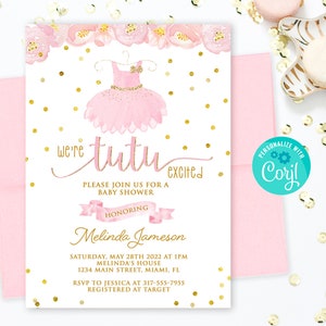 Bearbeitbar Tutu Aufgeregt Babypartyeinladung, Tutu Aufgeregt Babypartyeinladung, Ballerina-Babypartyeinladung, Tutu begeistert Babypartyeinladung