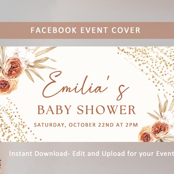 Boho Baby Shower Facebook Event Banner, Facebook Event Cover Photo, Pampas grass Fall Baby Shower, Facebook invite Editable Template