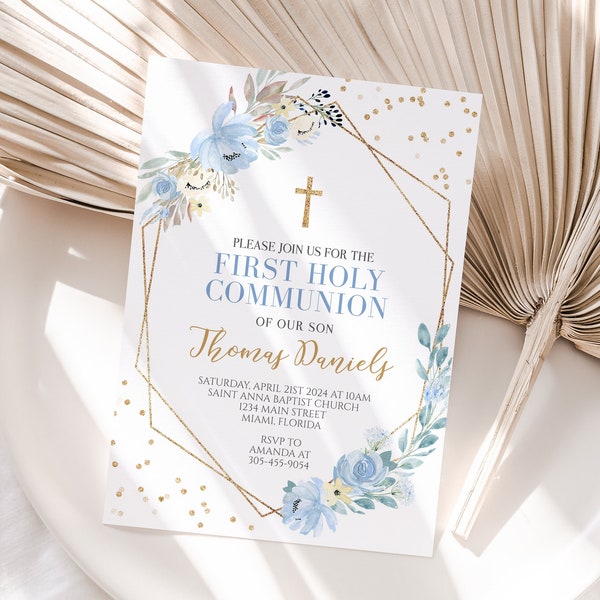 Boys First Holy Communion Invitation, Blue Communion Invitation Template, Instant Download, Floral Blue and Gold Baptism Invitation Digital