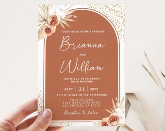 Editable Terracotta Wedding Invitation, Fall Wedding Invitation Template, Burnt Orange Floral Wedding Invite, Boho wedding, Instant Download