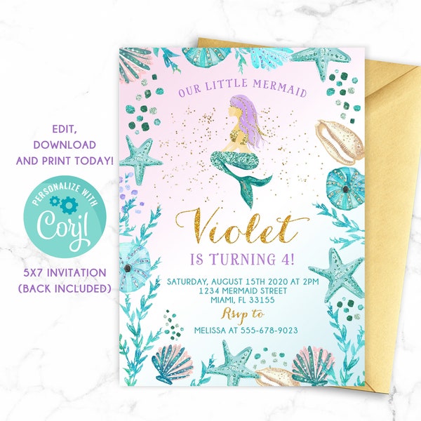 Mermaid Invitation, Mermaid Birthday Invitation, Mermaid party, Under the sea invitation, Mermaid Birthday Invite, Mermaid Birthday party