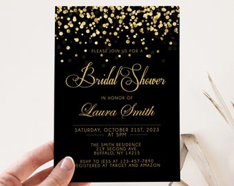 Editable Black and Gold Confetti Bridal Shower Invitation, Black gold sparkle, Bridal Shower Invitation Template, Printable Instant Download