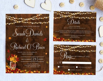 Rustic Fall Wedding Invitation Set, Fall Invitation, Autumn wedding, Autumn leaves rustic fall wedding set, Digital file, Printable