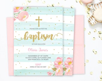 Baptism Invitation Girl Printable, girl baptism invitation, Floral Baptism Invitation, baptism invites, pink mint and gold baptism