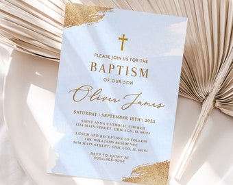 Baptism Invitation for Boy – Blue Gold Christening Template, Editable Baptism Invite, Printable First Communion Invitation, Instant Download