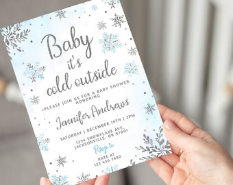 Baby It's Cold Outside Baby Shower Invitation, Winter Baby Shower Invitation, Snowflake Boy Baby Shower, Blue and Silver, Editable Template