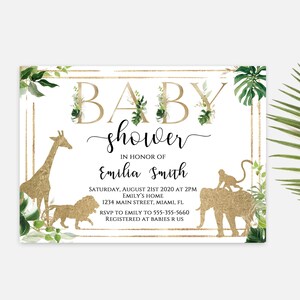 Safari Baby Shower invitation, Jungle Baby Shower Invitation, Gold Safari Animals baby shower, Greenery, Tropical