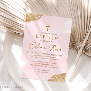 Baptism Invitation Girl, Christening Invitation Template, Pink watercolor baptism invite, Pink Gold, Printable Invitation, baby girl baptism