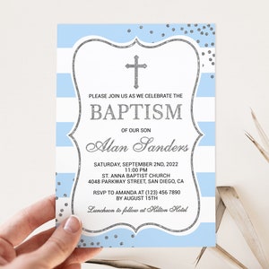 Baptism Invitation Boy, Baptism Invite, Christening Invitation, Baptism Invitation Template, Printable Light Blue Silver, Instant Download