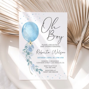 Baby Shower Invitation Boy, Editable Invitation, Blue Balloon baby shower invitation template, Oh Boy Baby Shower Invites, Instant Downlaod